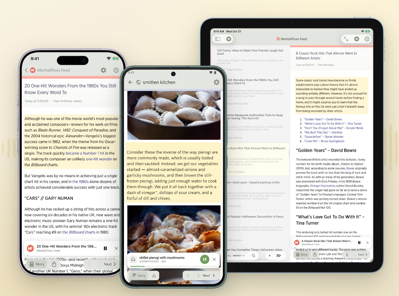 Paragraphs highlighted as they are read on an iPad, an iPhone, and an Android phone